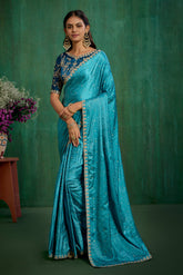Sea Green Elegant Satin Jacquard Embroidery Ready to Wear Saree - Shop Now Online-RTW-4375